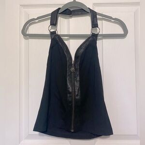 Punk rave Black Halter Top with Zipper Detail